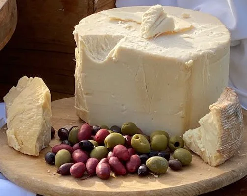 A wheel of house made fresh mozzarella with olives and cheeses